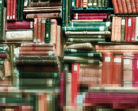 alte Bücher, die sich in Pixel auflösen