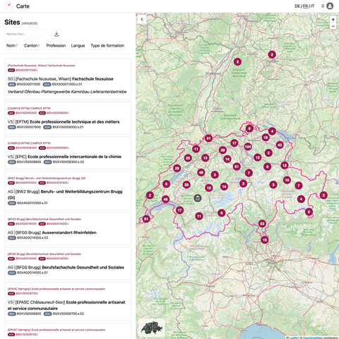 Capture d'écran du registre des écoles professionnelles suisses