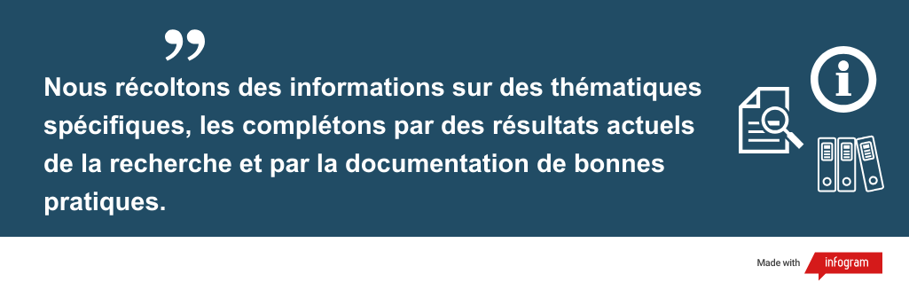 Nous récoltons des informations sur des thématiques spécifiques, les complétons par des résultats actuels de la recherche et par la documentation de bonnes pratiques.