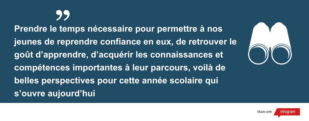 Prendre le temps nécessaire pour permettre à nos jeunes de reprendre confiance en eux, de retrouver le goût d’apprendre, d’acquérir les connaissances et compétences importantes à leur parcours, voilà de belles perspectives pour cette année scolaire qui s’ouvre aujourd’hui